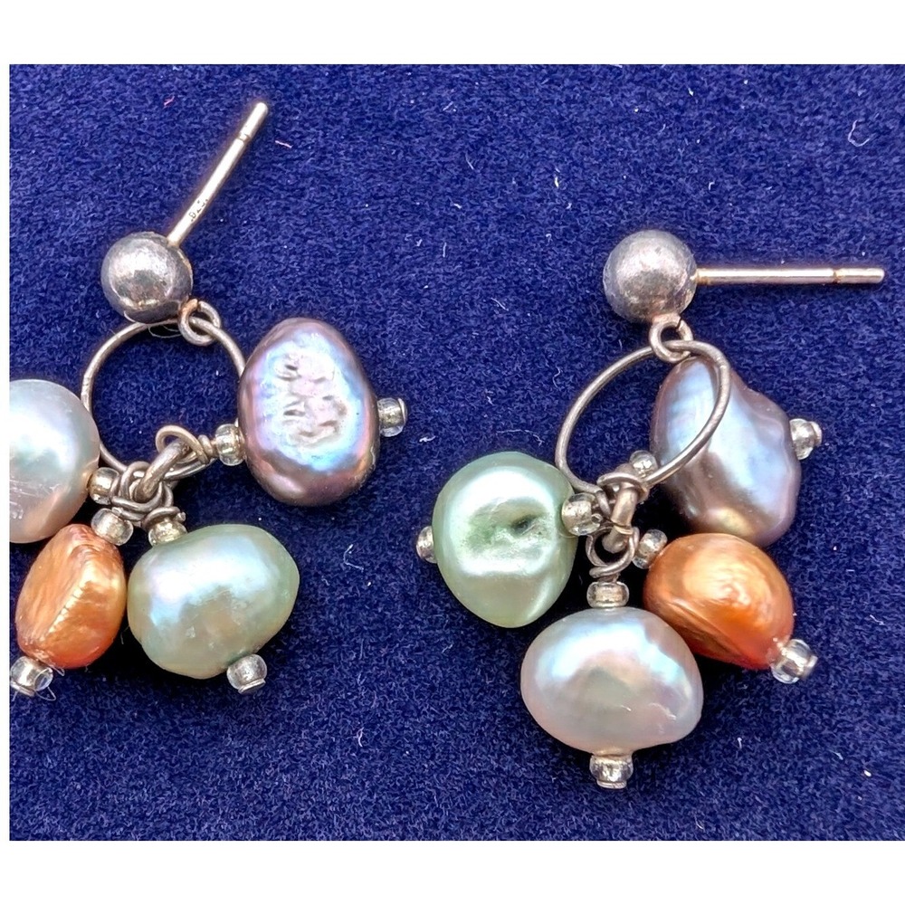 Sterling Silver Freshwater Pearl Cluster Drop Earrings Pastel Multi Tone Boho - Picture 4 of 4